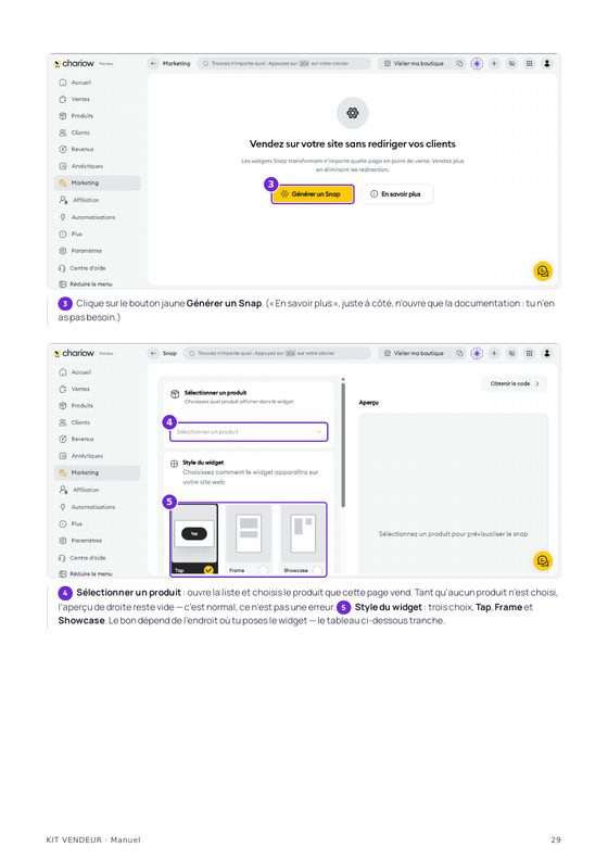 Le module sur le paiement, illustré de captures d'écran annotées.